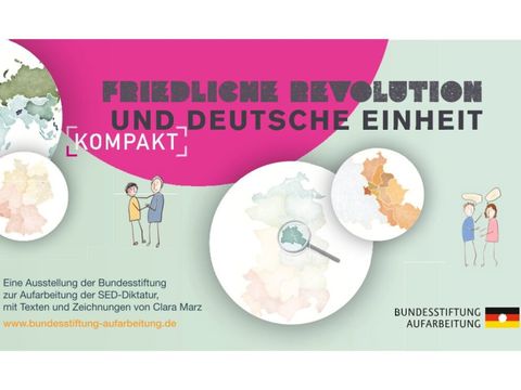 Bildvergrößerung: Ein Titelblatt zu &quot;Friedliche Revolution und Deutsche Einheit, Kompakt&quot;, eine Ausstellung der Bundesstiftung zur Aufarbeitung der SED-Diktatur, mit Texten und Zeichnungen von Clara Marz.