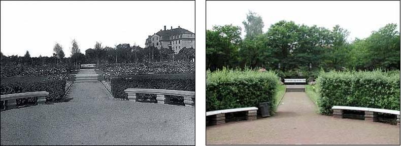 Fotovergleich historisch und heute - Blick aus dem Zentralen Rondell auf dem Karolingerplatz