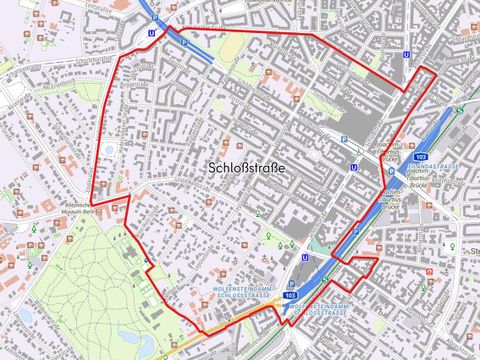 Die Karte bildet die festgelegten Grenzen des Städtebauförderprogramms Sozialer Zusammenhalt und der Quartiersmanagementgebiete in der Bezirksregion Schloßstraße ab.