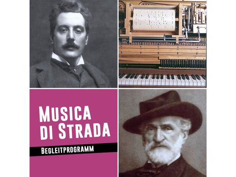 Italienischer Opernabend im Museum Pankow - Collage Museum Pankow: Elektrisches Pianola [Ausschnitt] um 1925, Puccini & Verdi, Musica di strada Signet