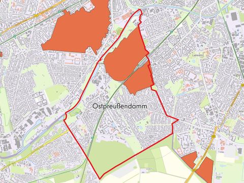 Die Karte zeigt die Erhaltungsverordnungsgebiete nach § 172 BauGB in der Bezirksregion Ostpreußendamm. 