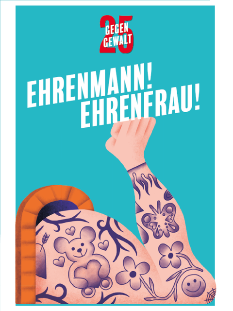 Bildvergrößerung: Tätowierter Arm, der die Muskeln zeigt - darüber der Schriftzug: „Ehrenmann! Ehrenfrau!“