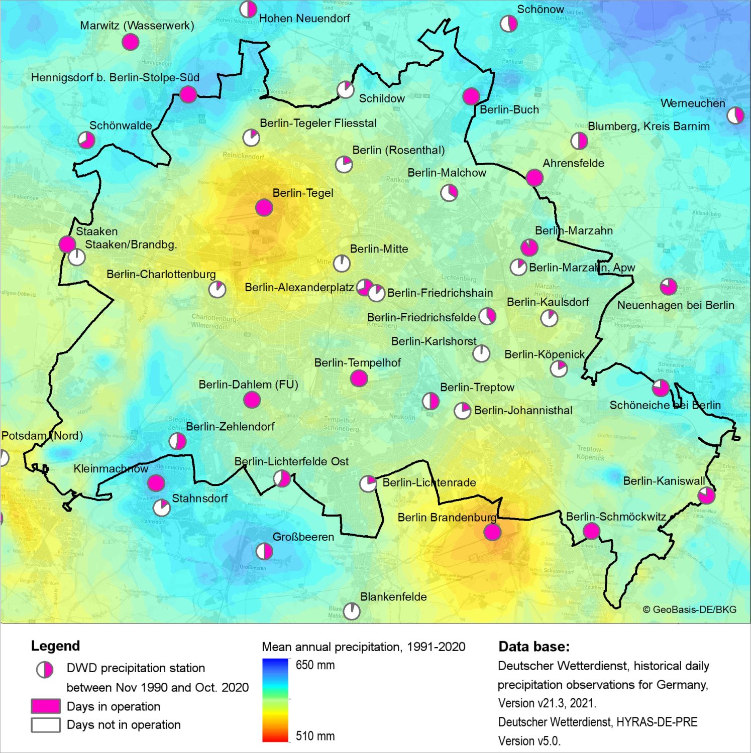 Enlarge photo: Fig. 2: Active precipitation stations of the DWD in the period between November 1990 and October 2020 