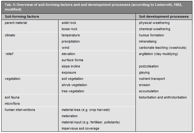 Tab. 1: Overview of soil-forming factors and soil development processes