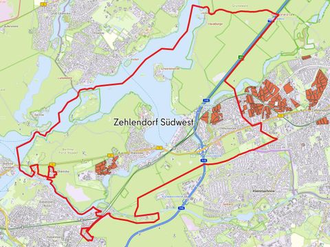 Die Karte zeigt die Erhaltungsverordnungsgebiete nach § 172 BauGB in der Bezirksregion Zehlendorf Südwest.