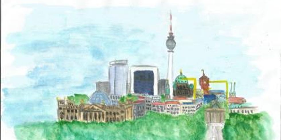 gezeichnete Skyline von Berlin mit Fernsehturm und Brandenburger Tor, im Vordergrund der Tiergarten 