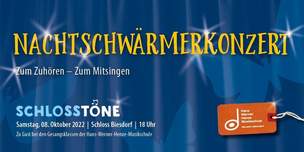 Ein blauer Vorhang mit angedeuten Sterne und Schmetterlingen im Hintergrund, darauf der Text "Nachtschwärmerkonzert, zum Zuhören und Mitsingen"