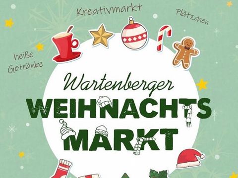 Plakat mit Ankündigung des Wartenberger Weihnachtsmarktes mit Text in einem Kreis in der Mitte und weihnachtliche Motiven drumherum