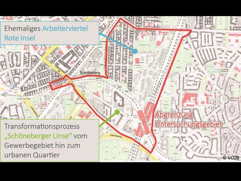 Bildvergrößerung: Rot eingerahmter Kartenausschnitt, das Untersuchungsgebiet, beinhaltet das ehemalige Arbeiterviertel Rote Insel und den Transformationsprozess der Schöneberger Linse vom Gewerbegebiet hin zum urbanen Quartier.