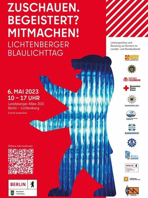 Bildvergrößerung: Plakat zum Blaulichttag mit dem Berliner Bären als Motiv in den Farben des Blaulichts