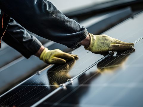 Hände in Arbeitshandschuhen auf Solarpanel