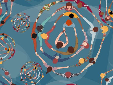 Backdrop seamless pattern with group of diverse people in a circle from different cultures holding hands. Community men and women of friends or volunteers. Top view. Racial equality.Team