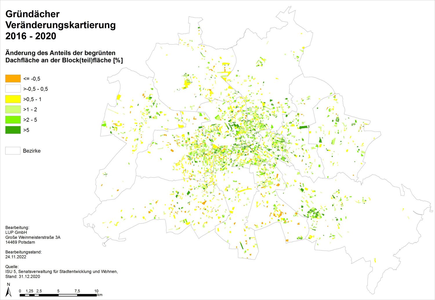 Bildvergrößerung: Abb. 7: Veränderungskartierung 2016-2020 in Bezug auf den Anteil der begrünten Dachfläche an der Block(teil)fläche [%]