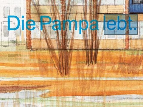 Buchcover "Die Pampa lebt - Hellersdorf als Großwohnsiedlung gestern, heute und morgen" mit einer Aquarellzeichung eines Plattenbaus mit Landschaft