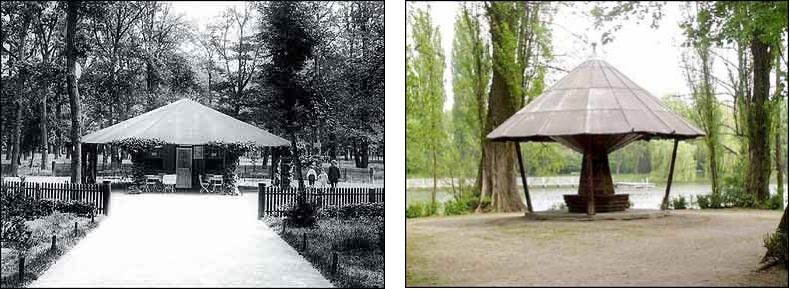 Fotovergleich historisch und heute - Unterkunfts- und Erfrischungshalle und ihr Nachfolgebau im Volkspark Jungfernheide