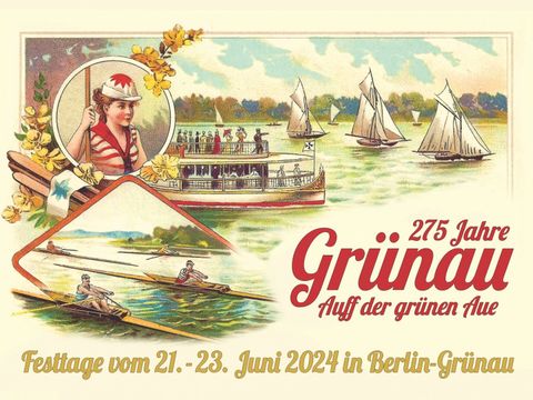 Historische Postkarte zu 275 Jahre Grünau mit dem Motiv der Grünauer Ruderin