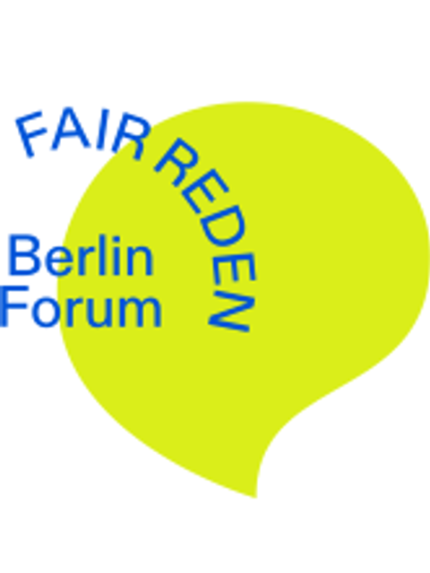 Schriftzug "FAIR REDEN Berlin Forum" vor stilisierter Sprechblase