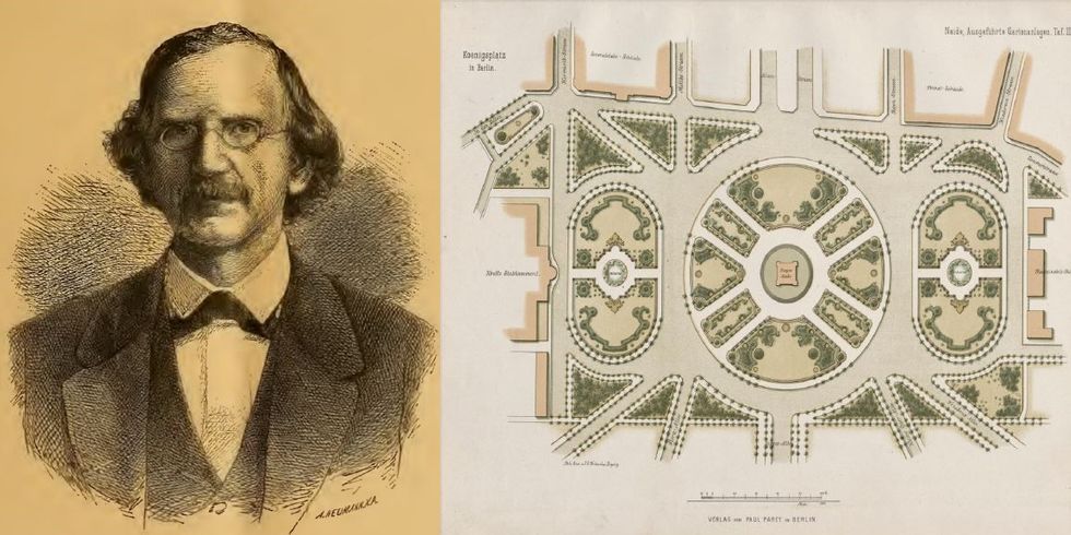 Eduard Neide (l.), Plan eines seiner Gartenanlagen (r.