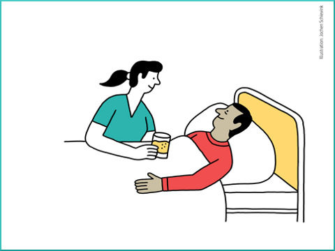 Zeichnung einer Auszubildenden, die an einem Patientenbett sitzt.