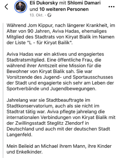 13. Oktober 2024: Facebook-Post des Bürgermeisters von Kiriat Bialik, Eli Dukorski