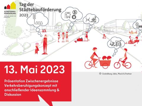 Grafik: 13. Mai 2023 Präsentation Zwischenergebnisse Verkehrsberuhigungskonzept mit anschließender Ideensammlung und Diskussion