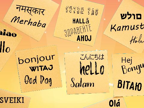 Schilder mit Begrüßung in verschiedenen Sprachen