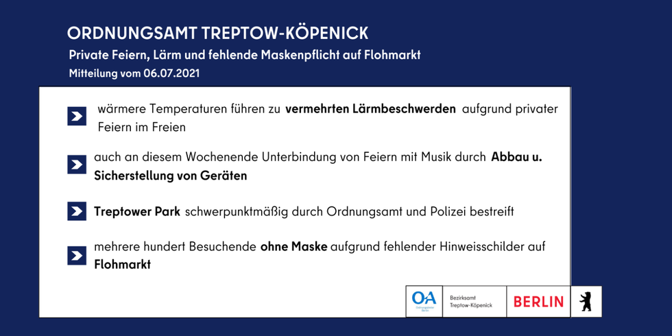 Infografik zur Wochenendbilanz des Ordnungsamtes Treptow-Köpenick