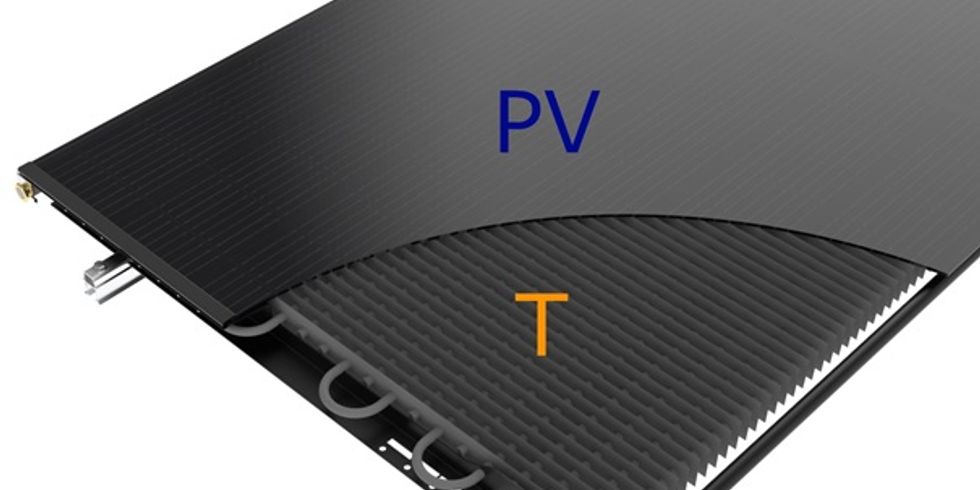 Schnittmodell eines Hybridkollektors und seiner Anschlüsse. Auf dem Photovoltaikmodul steht "PV" in blauer Schrift, auf dem Thermieteil steht ein gelbes "T".