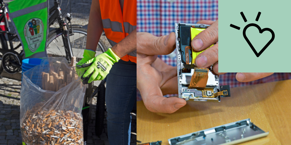 Startbild Ehrenamt: Haende bei einem Cleanup und einem Repaircafe