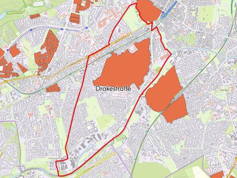 Die Karte zeigt die Erhaltungsverordnungsgebiete nach § 172 BauGB in der Bezirksregion Drakestraße. 