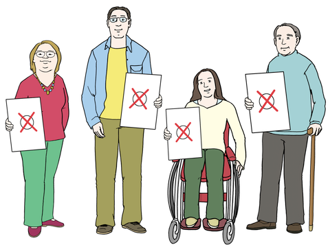 Menschen mit und ohne Behinderung mit Wahlschein in der Hand