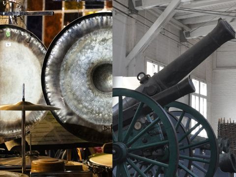Bildvergrößerung: Abbildung eines Schlagzeugs und einer historischen Kanone