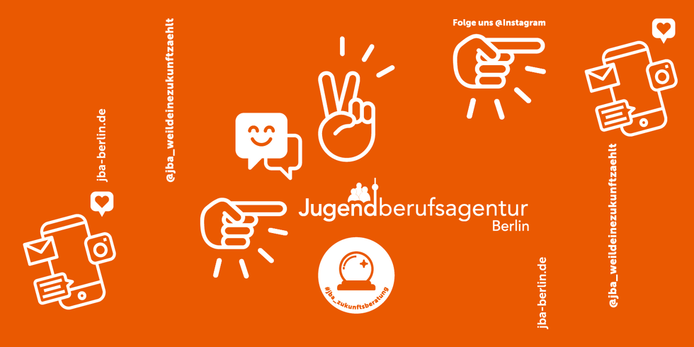 Logo der Jugendberufsagentur Berlin, Motto zum Ausbildungsstart 2023: Weil deine Zukunft zählt