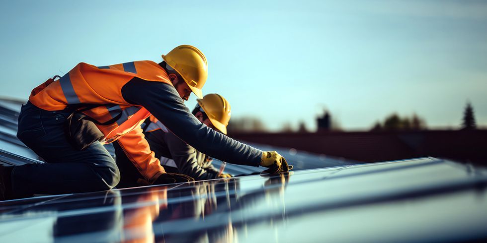 Arbeiter:innen in Warnwesten auf Dach, Solarmodule im Vordergrund