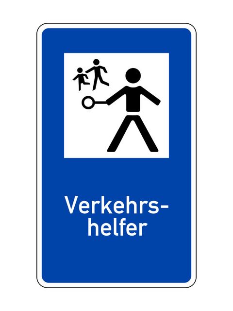 blaues Verkehrszeichen auf dem ein Verkehrshelfer abgebildet ist