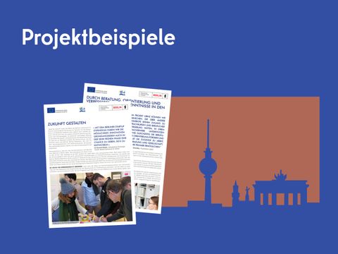 Illustration: ESF Prospekte im Vordergrund und im Hintergrund Sehenswürdigkeiten von Berlin