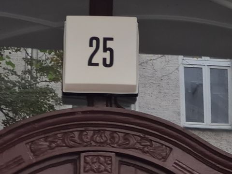 Grundstücksnummerierung in Neukölln, weißer Leuchtkasten mit einer schwarzen 25 darauf, befestigt an einer Verglasung über einer Holztür