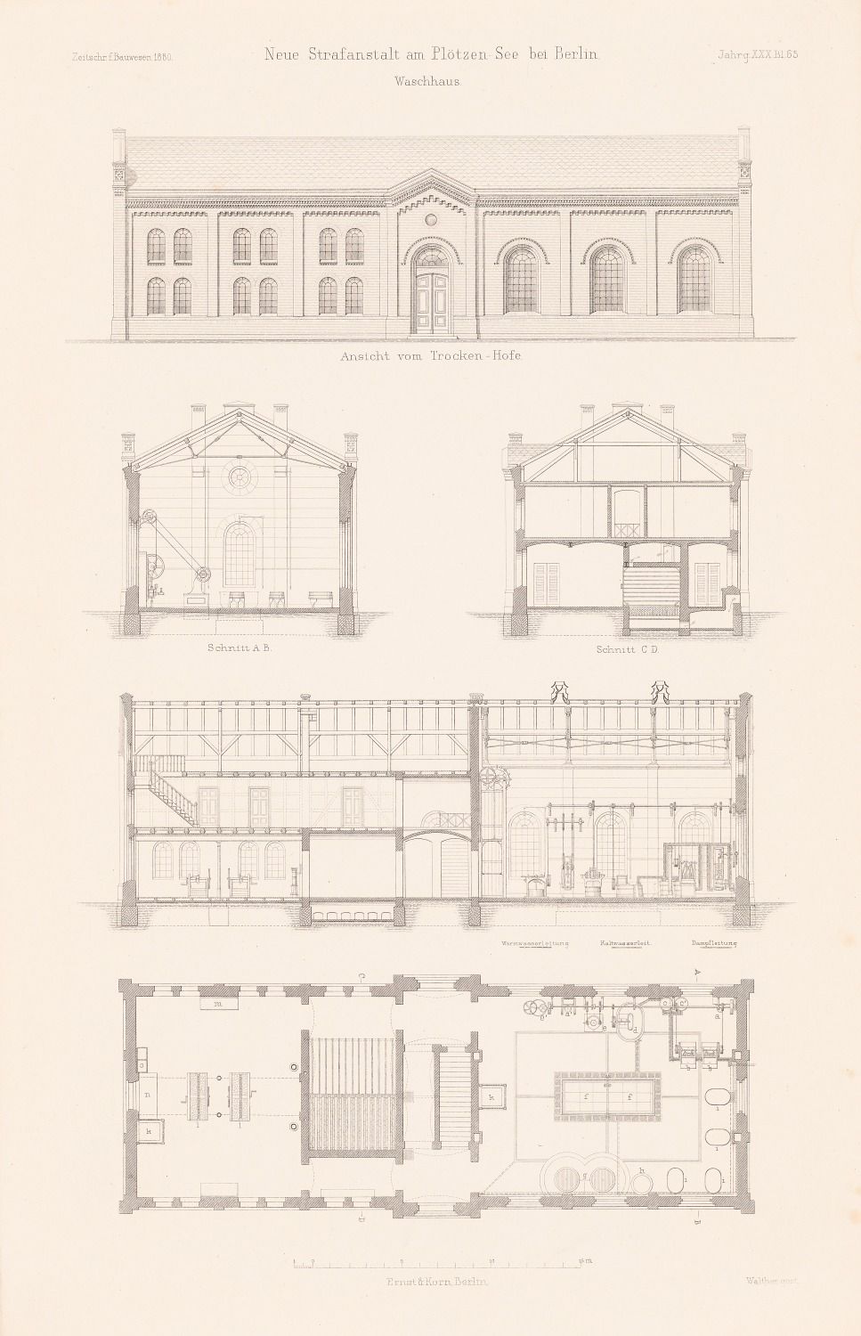 Spieker Paul (1826-1896): Strafgefängnis Plötzensee, Berlin-Charlottenburg. (Aus: Atlas zur Zeitschrift für Bauwesen, hrsg. v. G. Erbkam, Jg. 30, 1880)