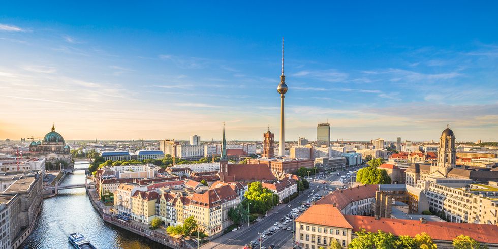 Aerial view of Berlin skyline with Spree river in summer, Germany