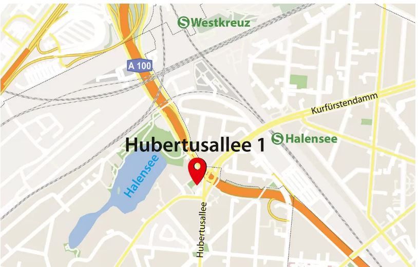 An der Hubertusallee 1 soll das Bürohochhaus erbaut werden. Das Bild zeigt die Umgebung auf einer Karte.