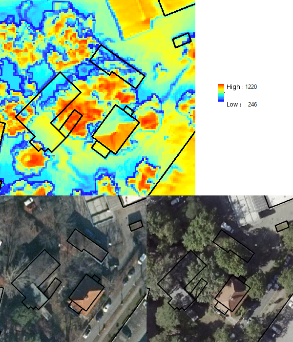 Fig. 6: Influence of the covering effect of trees also due to roof orientation on the calculated solar irradiation of rooftops (mean annual sums in kWh/(m²/a))