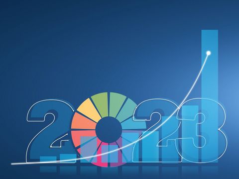 2023 mit buntem Rad, Balkendiagramm und aufsteigender Kurve