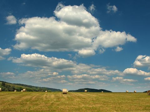 Ein Feld mit Strohballen und ein leichtbewölkter Himmel