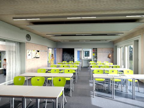 Bildvergrößerung: Ein Klassenzimmer mit Tischreihen und Stühlen