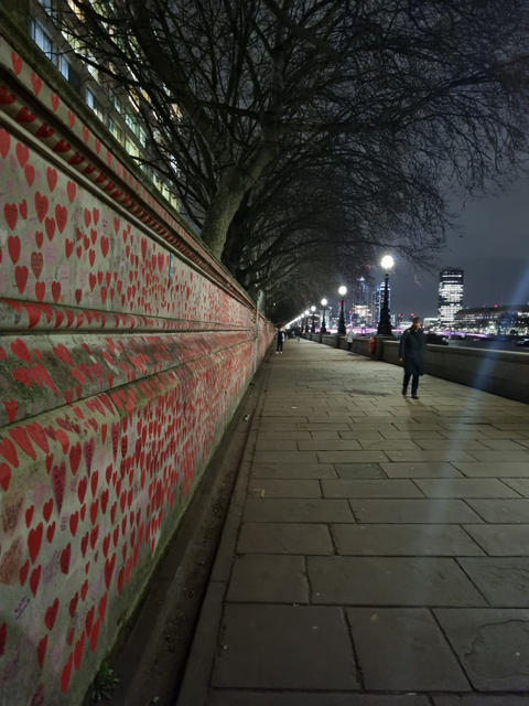 Bildvergrößerung: Die mehrere hundert Meter lange "Covid Memorial Wall" – Bürger*innen Londons kleben hier Herzen zur Erinnerung an die Verstorbenen an die Wand.