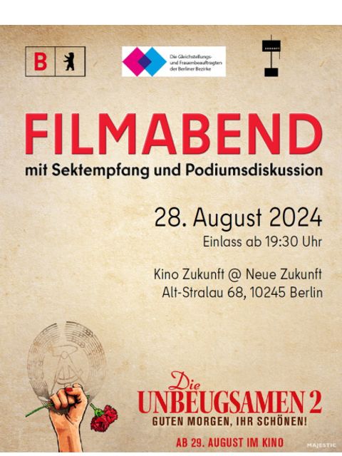 Bildvergrößerung: Plakat zum Filmabend mit Sektempfang und Podiumsdiskussion am 28. August 2024