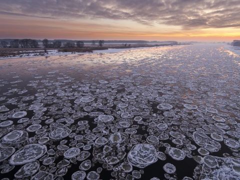 Eisschollen auf der Elbe bei Wittenberg im Schein der untergehenden Sonne