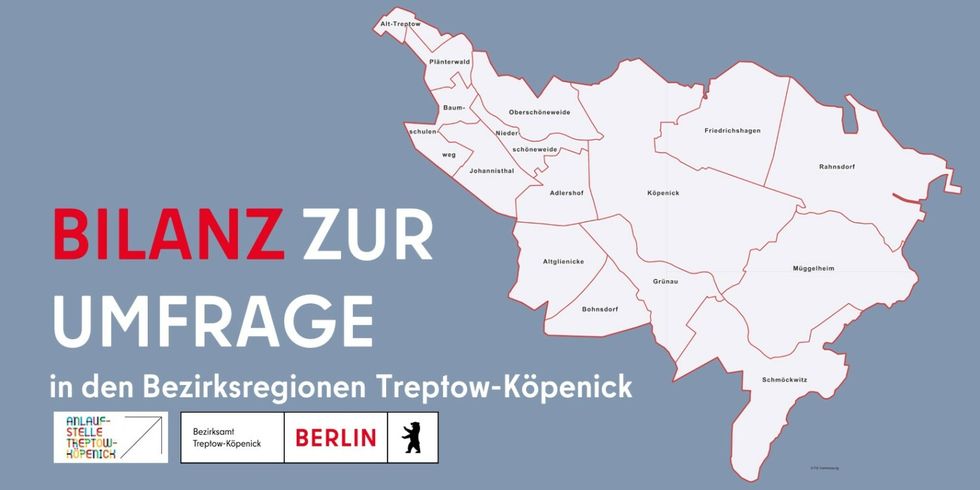 Grafik mit der Bezirkskarte von Treptow-Köpenick und der Aufschrift: "Bilanz zur Umfrage in den Bezirksregionen Treptow-Köpenick