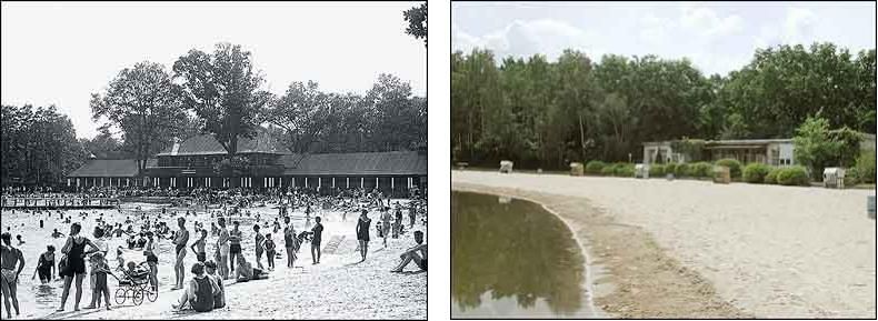 Fotovergleich historisch und heute - Badeanstalt im Volkspark Jungfernheide