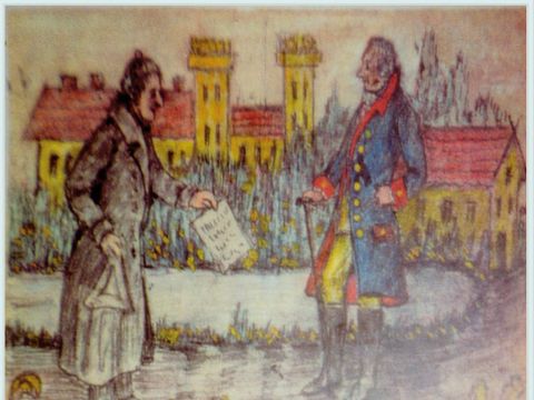 Veitel Heine Ephraim überreicht dem Prinzen Friedrich in Rheinsberg eine Schuldurkunde (aus einer verlorenen Handschrift)
